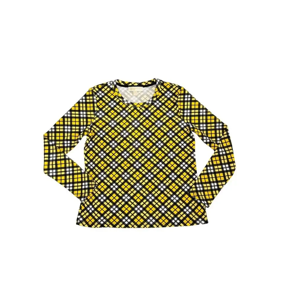 Michael Kors Yellow Black Plaid Retro 90s Y2K Preppy Long-Sleeve Top Small